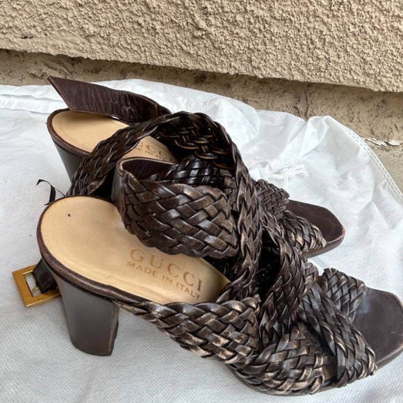 Gucci Brown Leather Braided Open Toe Heels - Size 7 - Picture 2 of 7